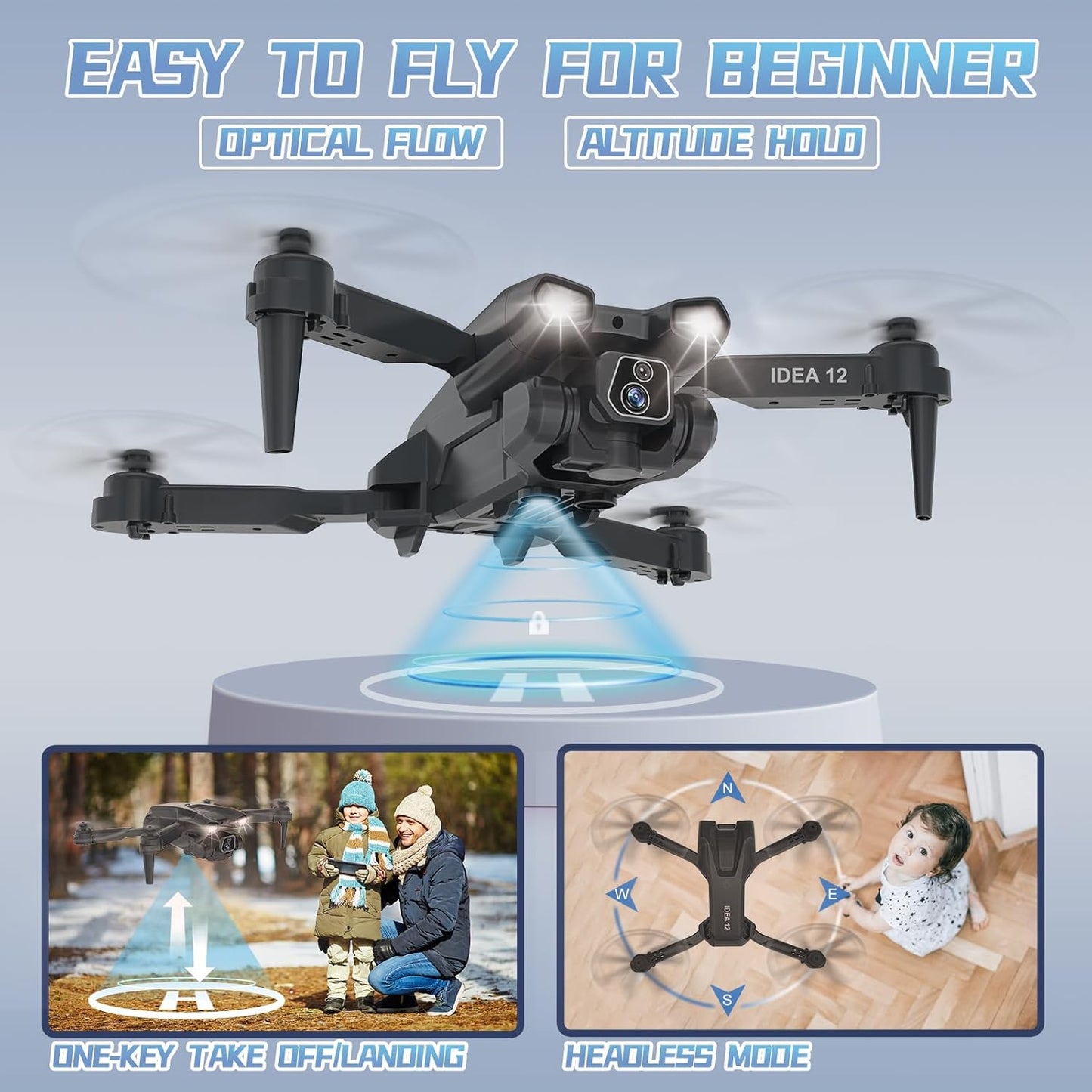 IDEA12 Mini Drone | HD Camera, 135° Adjustable, Foldable Quadcopter, 360° Flips, 2 Batteries"